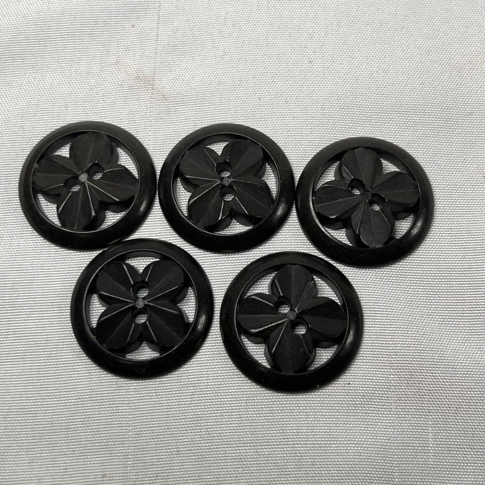 Vintage Black Floral Cutout Buttons Set of 5 Carved 2-Hole Sewing Craft